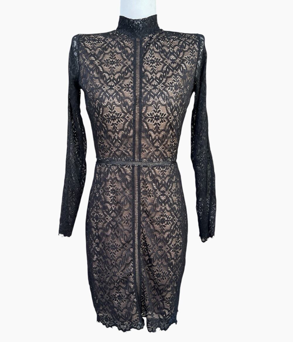 ARITZIA Wilfred Janvry Lace Black Nude Bodycon Sheath Dress Long Slv Sz 0